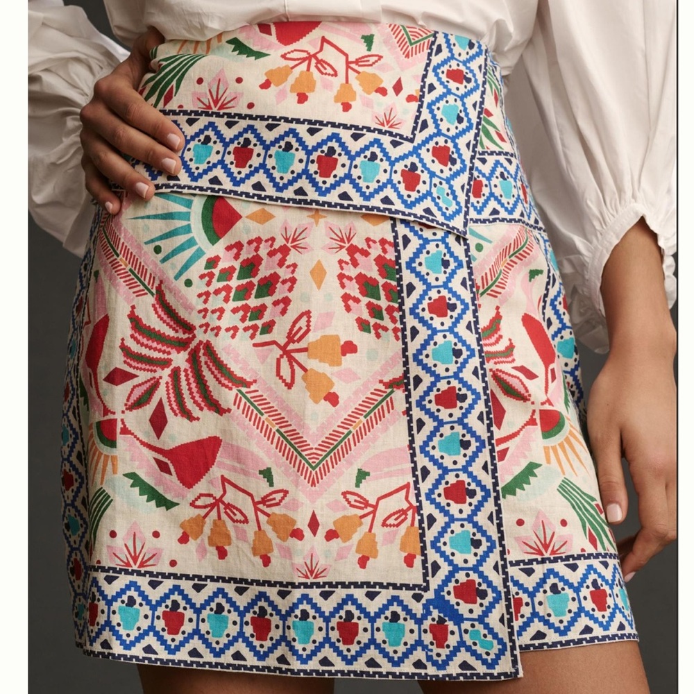Farm Rio Wrap Linen Skirt Anthropologie Mini "Embroidered" Print Geometric XL